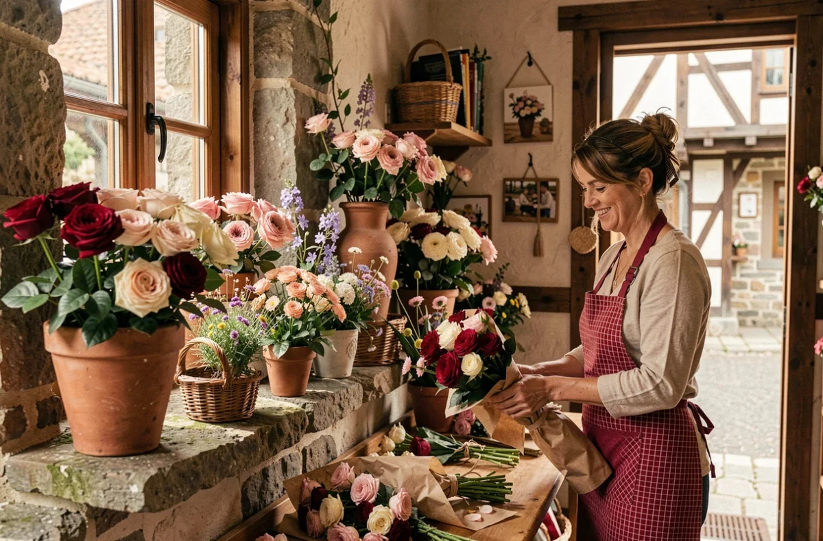 Rose Basque à Ustaritz avec des bouquets de roses romantiques dans un cadre de boutique au cœur du Pays Basque