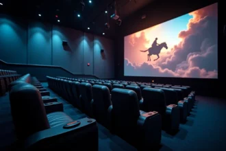 Salle de cinéma 4DX vue de l'arrière avec rangées de sièges motorisés et grand écran incurvé