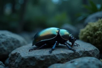 Scarabée irisé posé sur une pierre la nuit sous un ciel étoilé, symbolisme spirituel nocturne