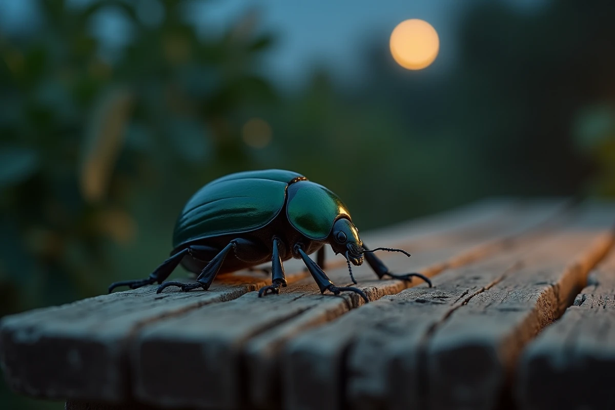Scarabée rampant sur une vieille table en bois la nuit, symbole spirituel et mystique du scarabée
