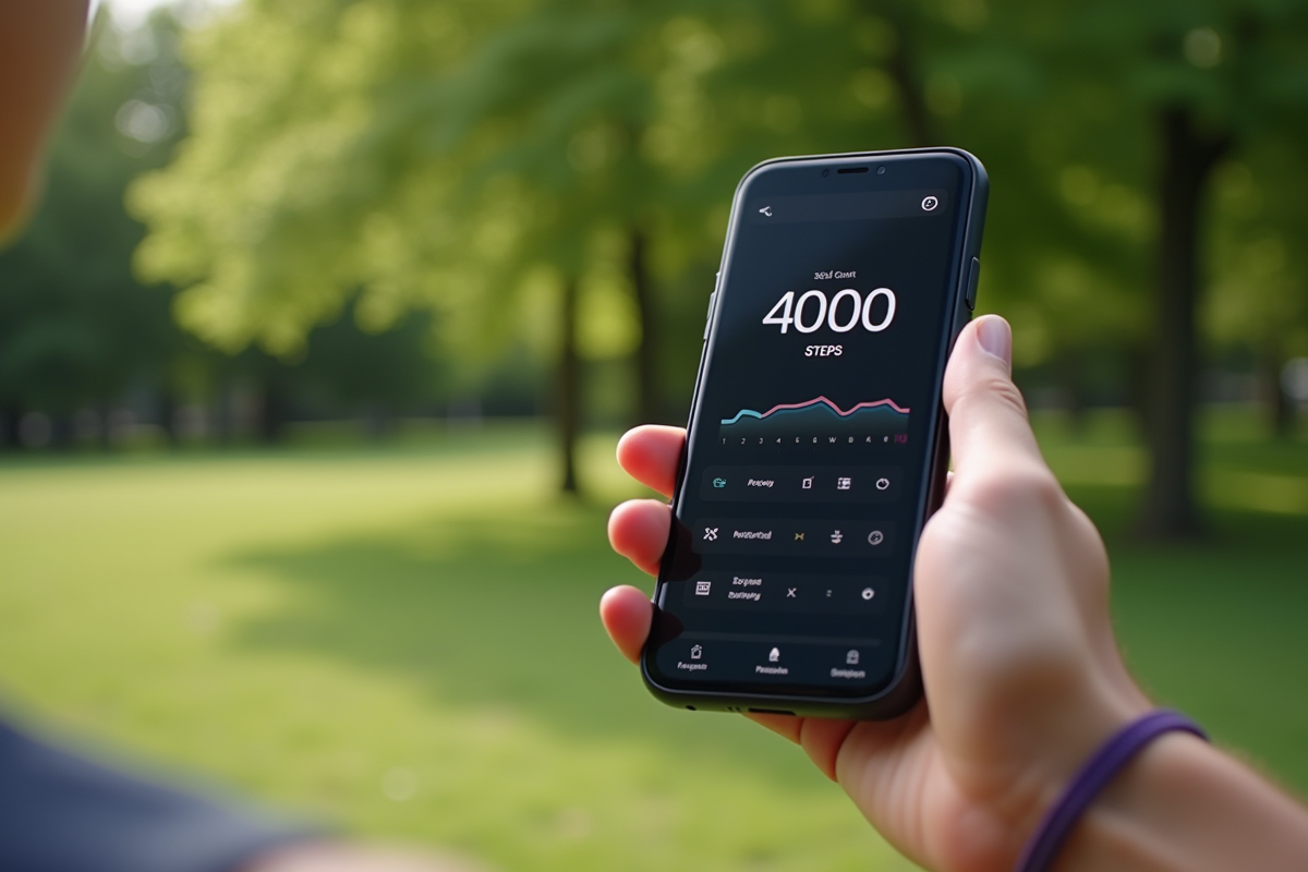 Ecran de smartphone affichant 4000 pas dans un parc vert