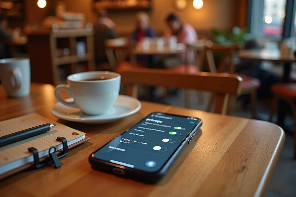Smartphone posé sur une table de café affichant un menu de paramètres de confidentialité et de partage de données, symbolisant les enjeux de protection des données personnelles en 2026