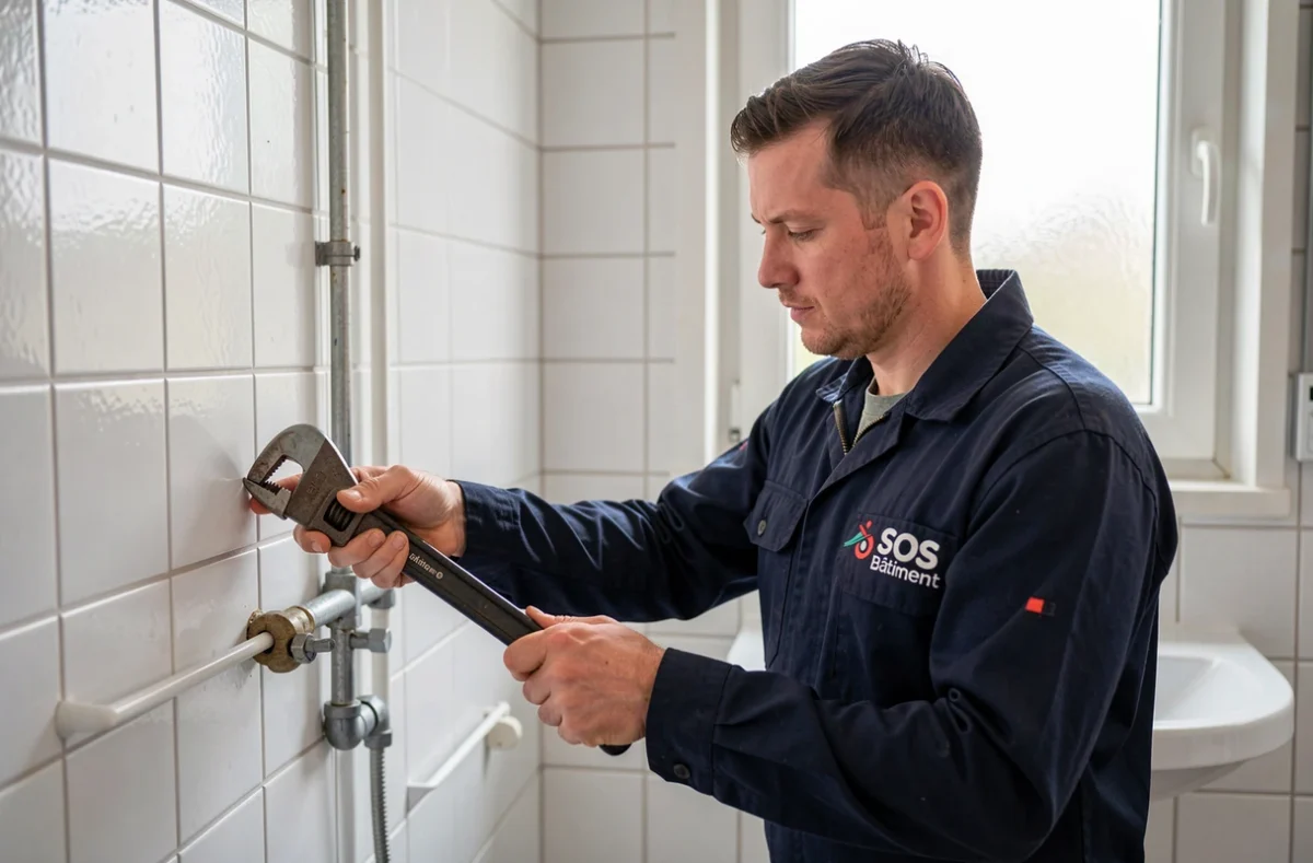 Plombier polyvalent de SOS Bâtiment en Moselle serrant un raccord sur une canalisation murale dans une salle de bain carrelée