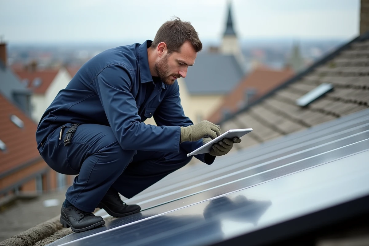 Technicien vérifiant des panneaux solaires sur le toit