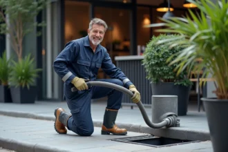 Technicien en tenue de travail nettoyant une fosse à graisse extérieure