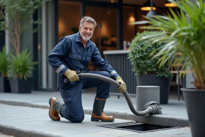 Technicien en tenue de travail nettoyant une fosse à graisse extérieure