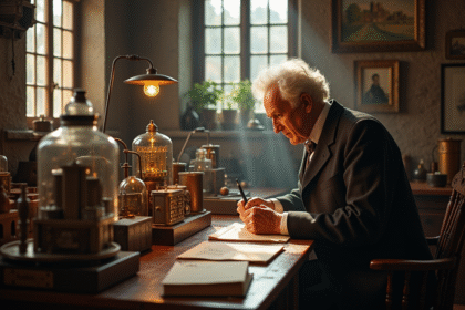 Thomas Edison dans son laboratoire vintage avec prototypes de batteries