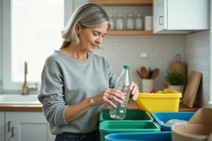 Femme triant des déchets recyclables dans des poubelles colorées dans une cuisine moderne