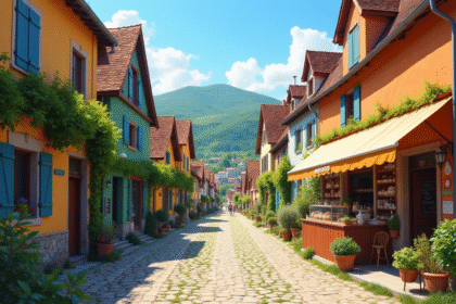 Charmant village français avec maisons colorées et habitants