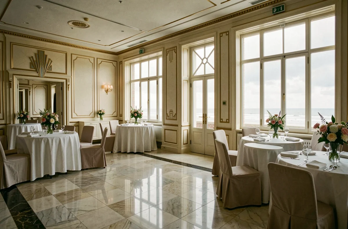 Salle de réception Art Déco du Westminster au Touquet avec tables dressées et fenêtres donnant sur la côte